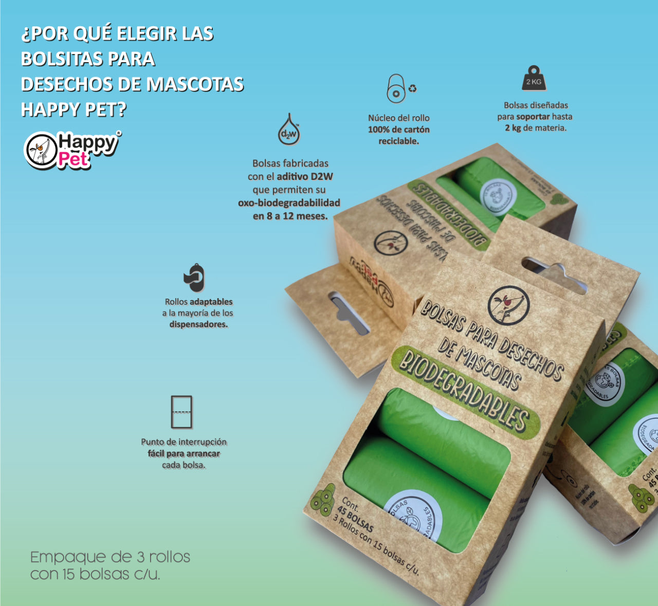 💩🌱 Happy Pet – Bolsas Biodegradables para Desechos de Mascota (3 Rollos)