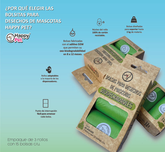 💩🌱 Happy Pet – Bolsas Biodegradables para Desechos de Mascota (3 Rollos)