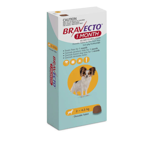 🐶💊 Bravecto 1 Mes – Antipulgas y Garrapatas para Perros de 2.0 a 4.5 kg (45 mg)