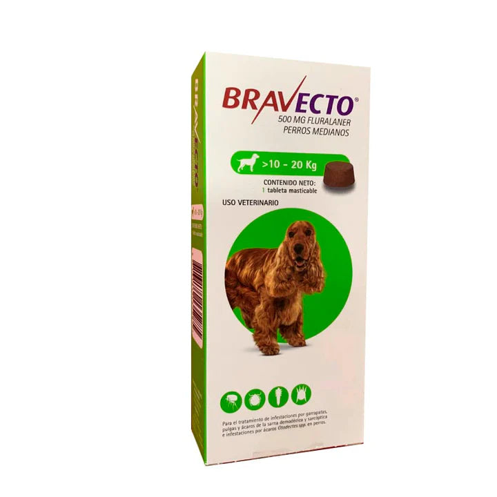 🐶💊 Bravecto 3 Meses – Antipulgas y Garrapatas para Perros de 10 a 20 kg (500 mg)